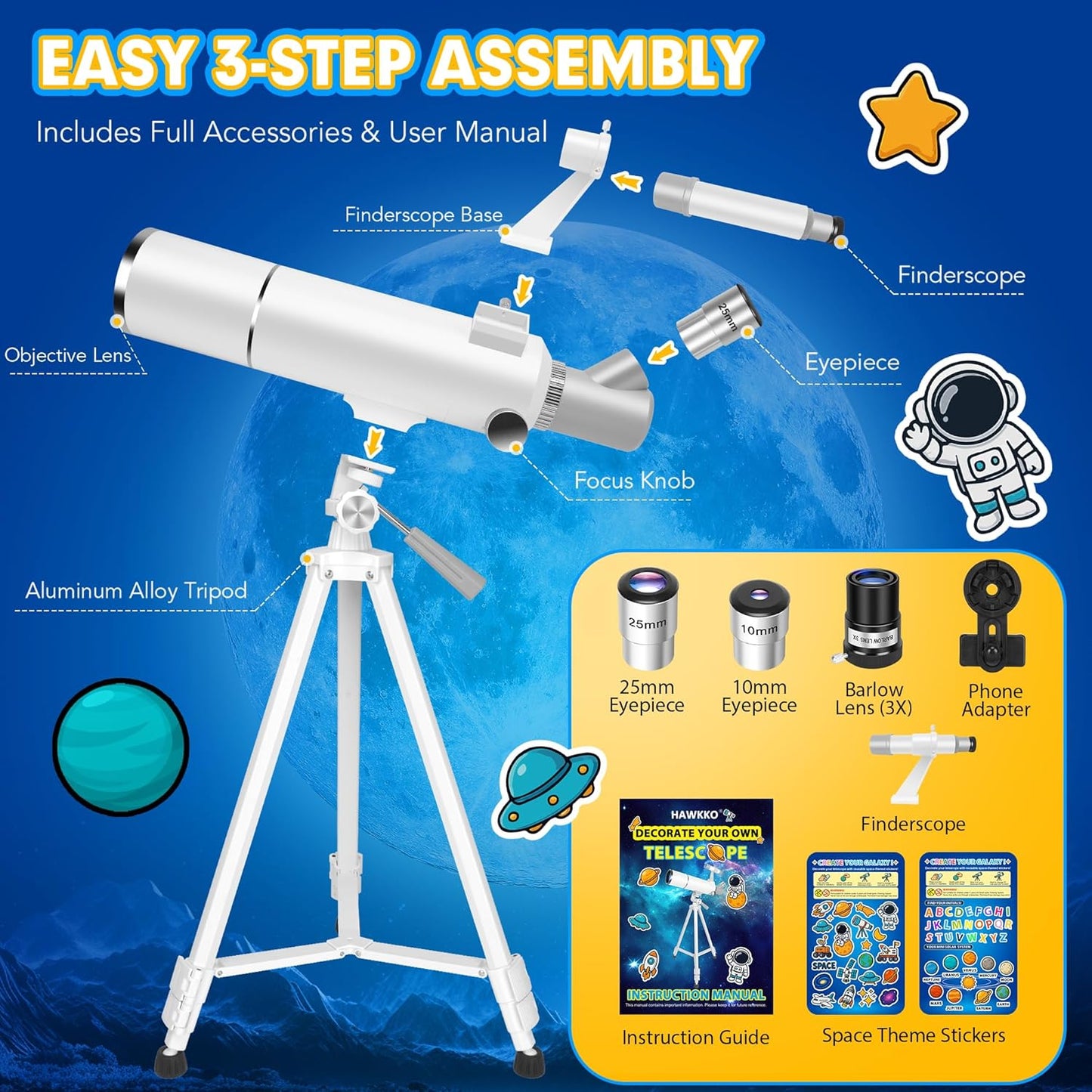 Hawkko Telescope for Adults & Kids – 80mm Aperture 500mm Telescopes for Adults Astronomy, (20X-150X) Portable Refractor Telescope Kit for Beginners with Decorate Stickers, AZ Tripod, Phone Adapter