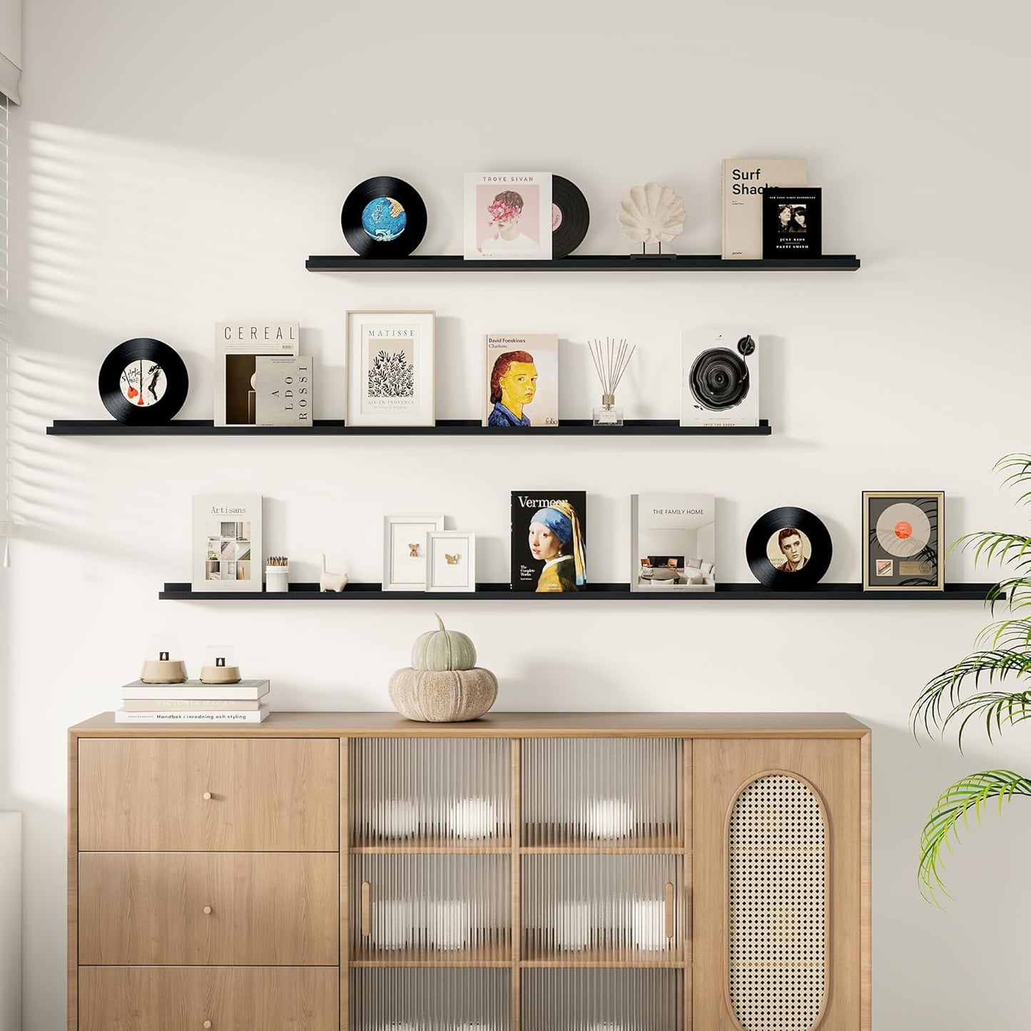 Floating Picture Ledge Shelves for Wall Set of 2, 95 Inches Picture Ledge Shelf with Long Large Nursery Book Shelf for Toys Storage Kids Bookshelf Wall Mounted Living Room Bedroom Decor Frames, Black