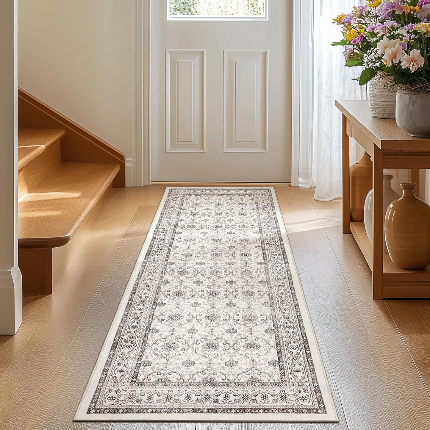 jinchan Runner Rug 2x6 - Machine Washable Beige Vintage Floral Distressed Design Soft Non-Slip Low-Pile Ultra-Thin Runner Rug for Kitchen Hallway Laundry Room Entryway Farmhouse (2‘x6',Beige)