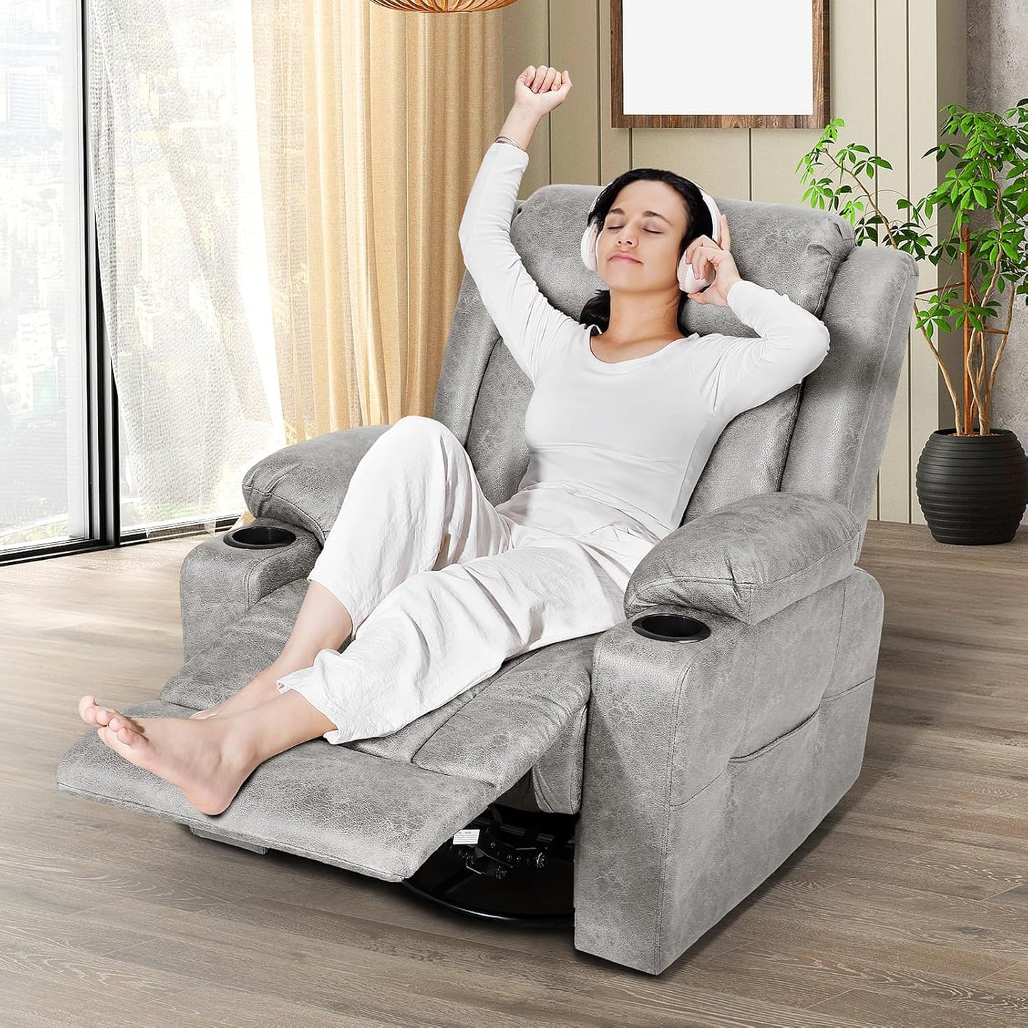 Retro Rocking Recliner Chair, Massage Rocker Recliner Chair with Vibration Massage and Heat, USB and Type-C Ports,360° Swivel Chairs, Living Room, Bedroom, Nursery, RV, Light Grey