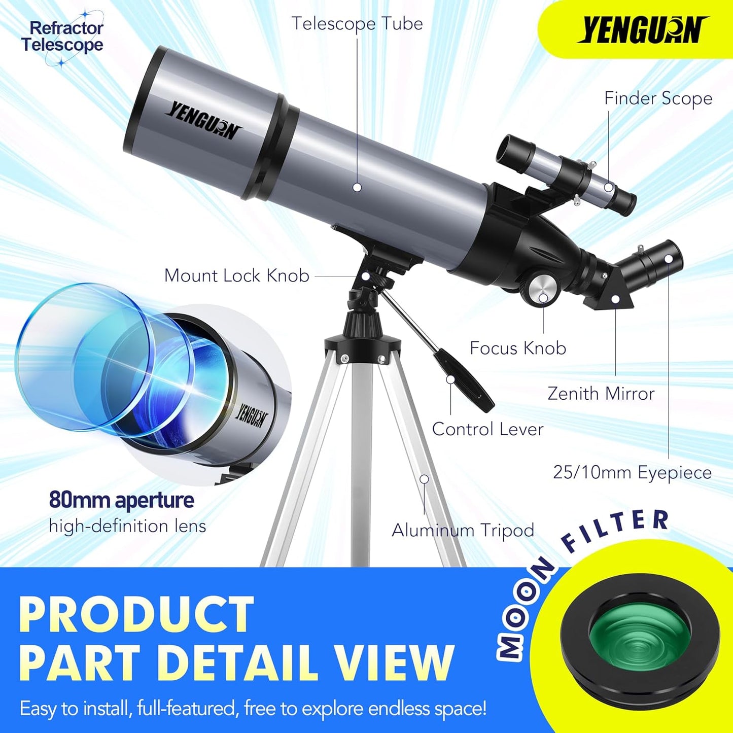 Telescope for Adults & Kids 80mm Aperture 600mm, Telescope for Adults High Powered, Beginners in Astronomy to See Planet, with Phone Adapter and Moon Filter, Carry Bag, Gray