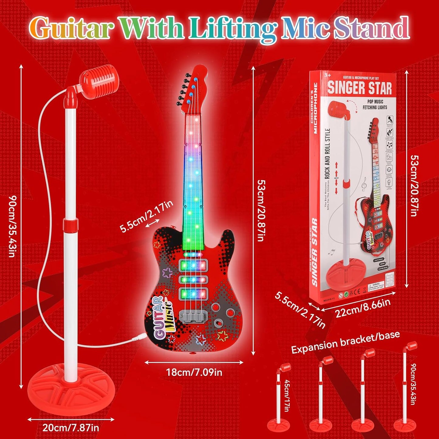 Kids Guitar and Microphone Playset with 4 Strings, Electric Guitar Kit with Lifting Mic Stand, Toddler Toys Musical Instruments Starter Kit, Karaoke Machine Toys for Boys Girls Christmas Guitars Gifts