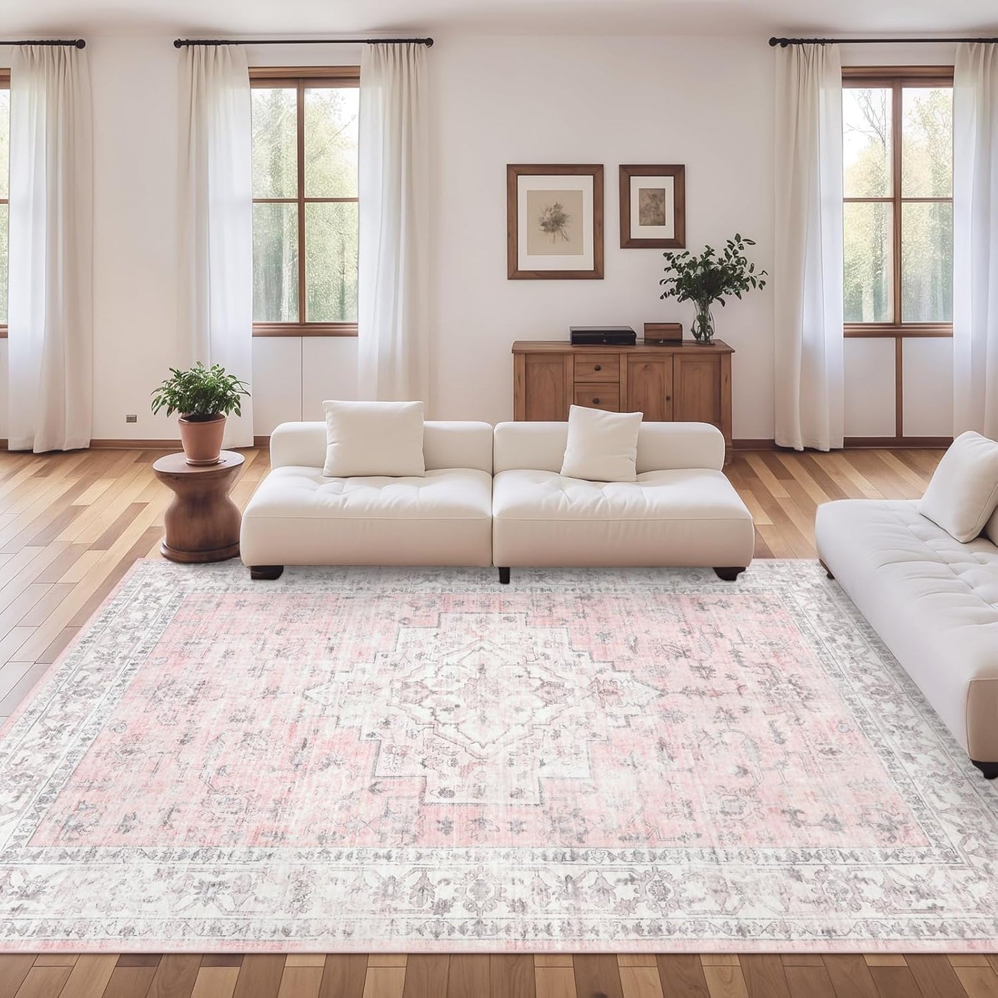 LIVEBOX Pink 9x12 Area Rug for Bedroom Girls, Boho Washable Rugs for Living Room Nursery, Non-Slip Indoor Soft Carpet Low-Pile Farmhouse Carpets for Dining Room Kids Playroom, Pink