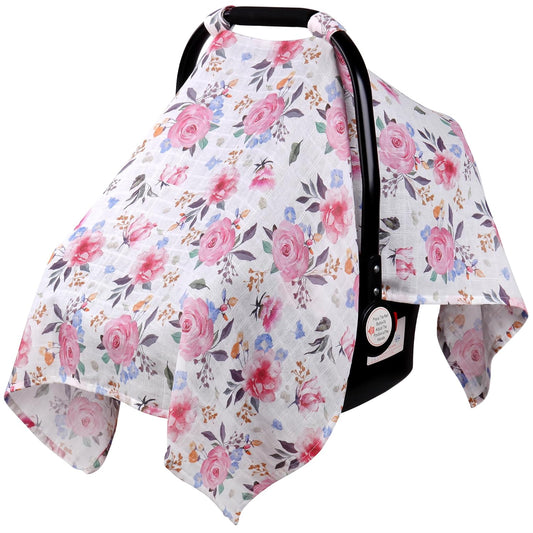 Rquite Muslin Car Seat Cover Baby, Carseat Covers Baby Girl Boy, Breathable Lightweight Infant Car Seat Cover, Baby Carrier Cover Car Seat Canopy Stroller Sun Shade for Summer & Hot Day, Universal Fit