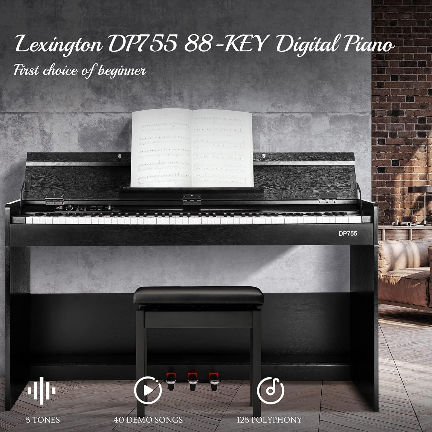Lexington 88 Keys Weighted Digital Piano, Full Size Portable Hammer Action Electric Keyboard Piano for Beginners w/Furniture Stand, Power Adapter, Triple Pedals, Headphone Jack and Recording, Black