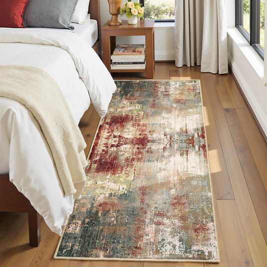 Washable Area Rugs 2'x6' Non-Slip Modern Abstract Soft for Living Room Entryway Bedroom Nursery, Print Pattern, Brown Rust Red Multi