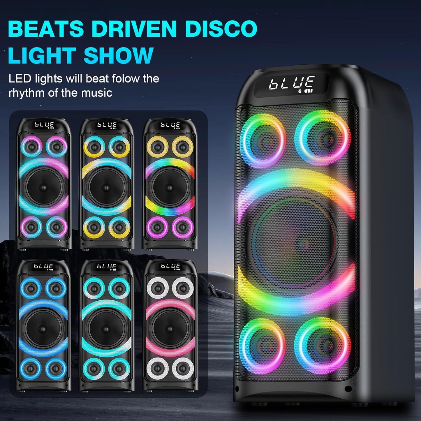 Bluetooth Speaker, 160W Peak Powerful Loud Stereo Sound Deep Bass Wireless Boombox Portable Large Party Speakers with Subwoofer TWS Pairing Dynamic LED Light for Outdoor Camping Backyard Events