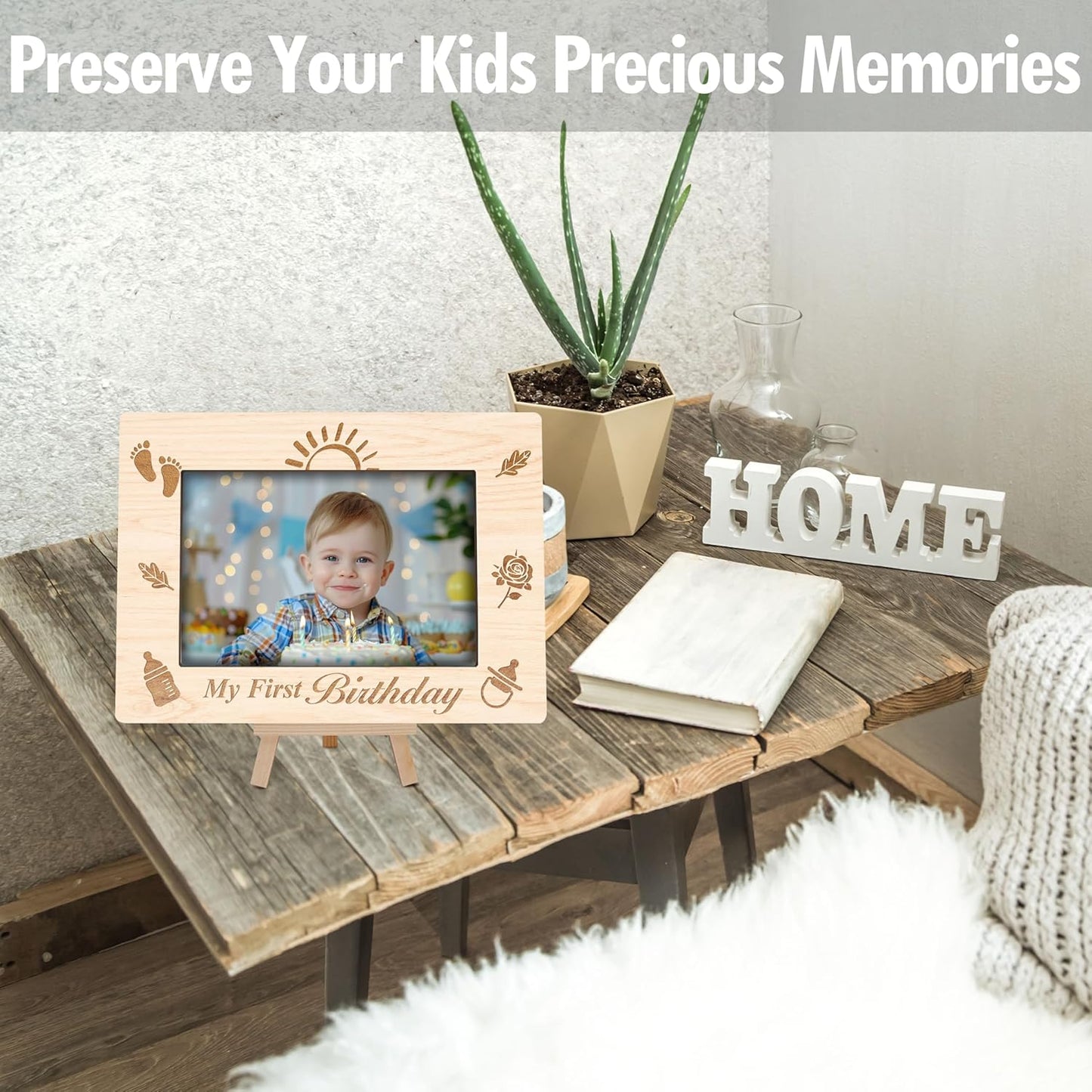 My 1st Birthday Picture Frames, Childhood Milestone Wooden 4x6 Photo Frame with Easel, Baby First Year Birthday Gifts for Home Office Tabletop Display - G08