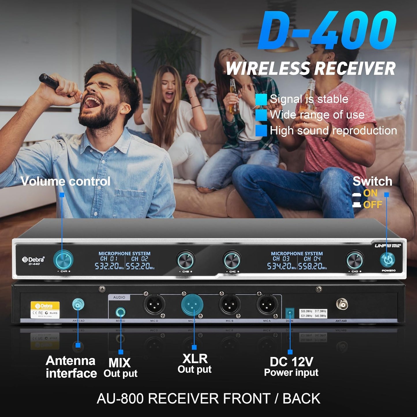 D Debra Audio D-440 UHF 4-Channel Wireless Microphone System with 4 Cordless Mics, Home Karaoke KTV Set, Ideal for Party, Church, Weddings, Stage, DJ, Outdoor, 300 Ft (4 Handheld)
