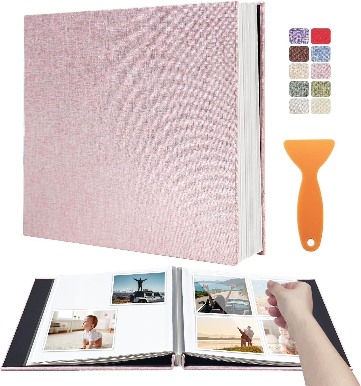 Large Photo Album Self Adhesive Scrapbook Album for 4×6 5×7 8×10 Pictures DIY Magnetic Linen Cover Album 60 Pages for Family Wedding Gifts with Metal Pen and Plastic Board