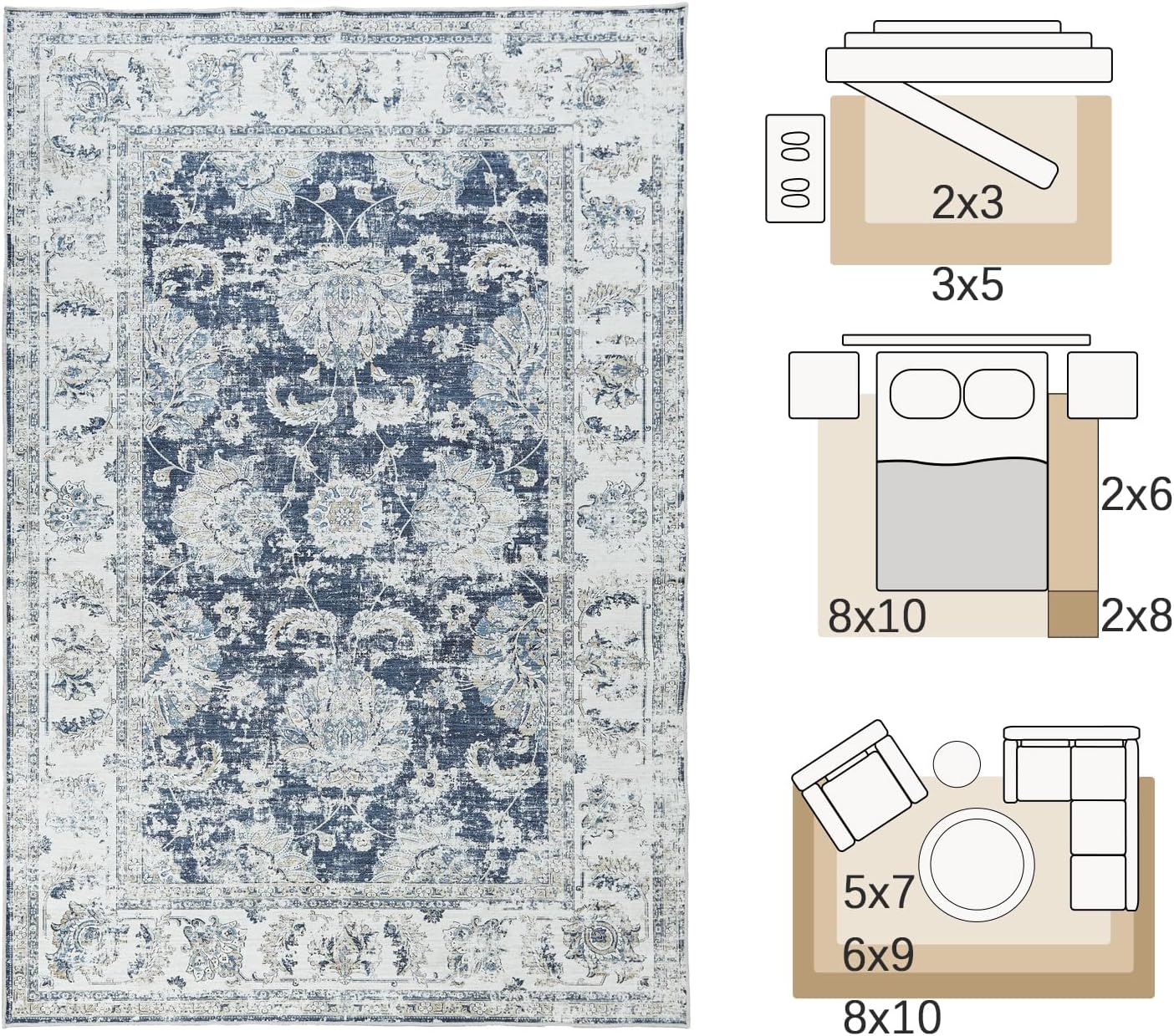 jinchan 6x9 Area Rug for Living Room Machine Washable Vintage Floral Distressed Design Stain Resistant Boho Carpet Ultra-Thin Low Pile Non-Slip Rug for Bedroom Dining Room Home Office(6‘x9',Dark Blue)
