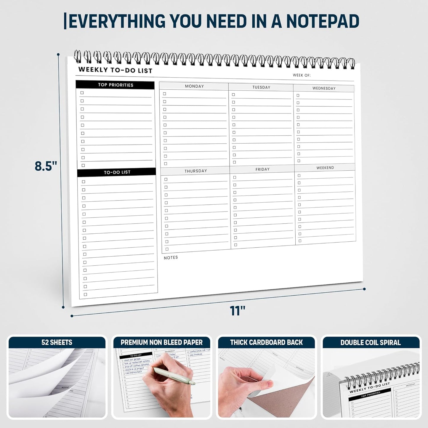 Of a Happy Kind Weekly To Do List Spiral Planner Pad - 8.5x11 52 Sheets - Desk Notepad with Multiple Sections - Undated Planning Notebook Checklist, Todo Agenda Plan
