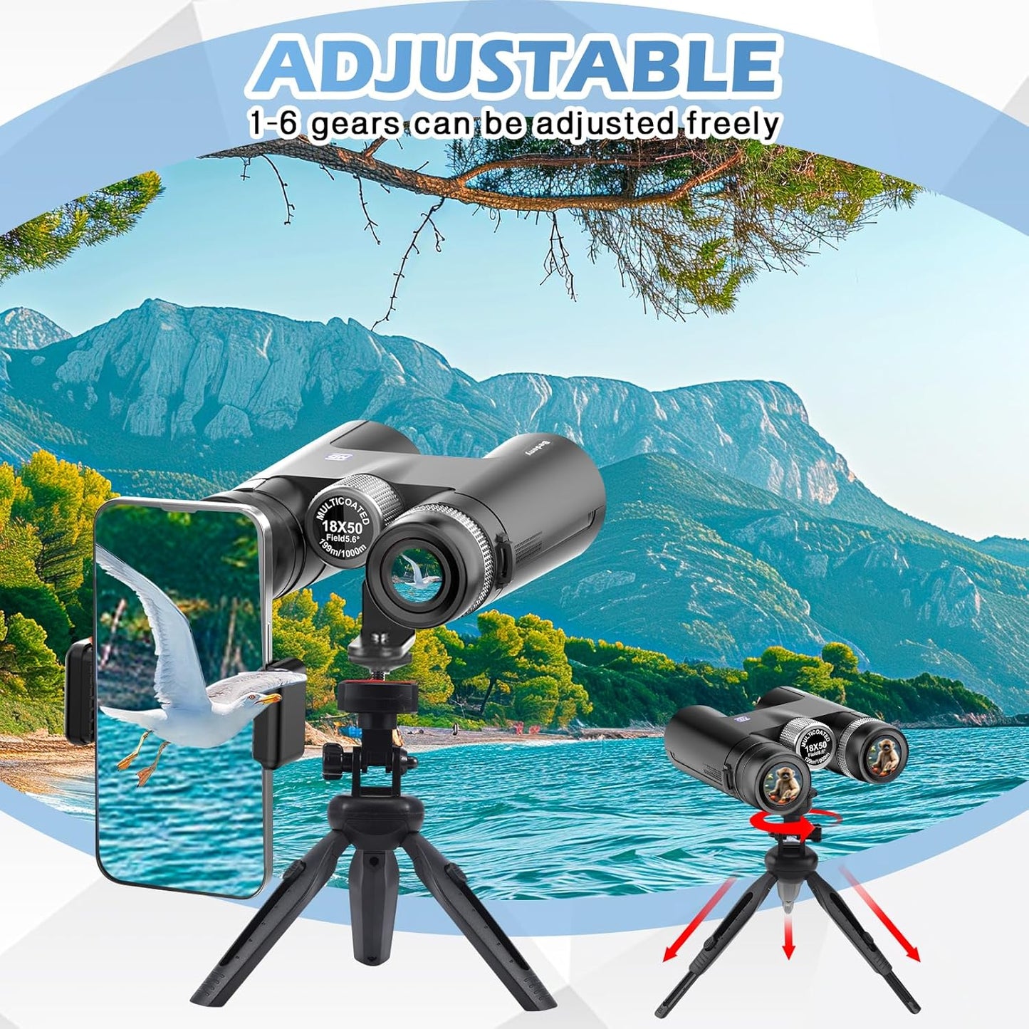 18x50 HD Binoculars for Adults with Upgraded Phone Adapter, Tripod and Tripod Adapter - Professional Waterproof Binoculars with BaK4 prisms and Large View for Bird Watching,Hunting