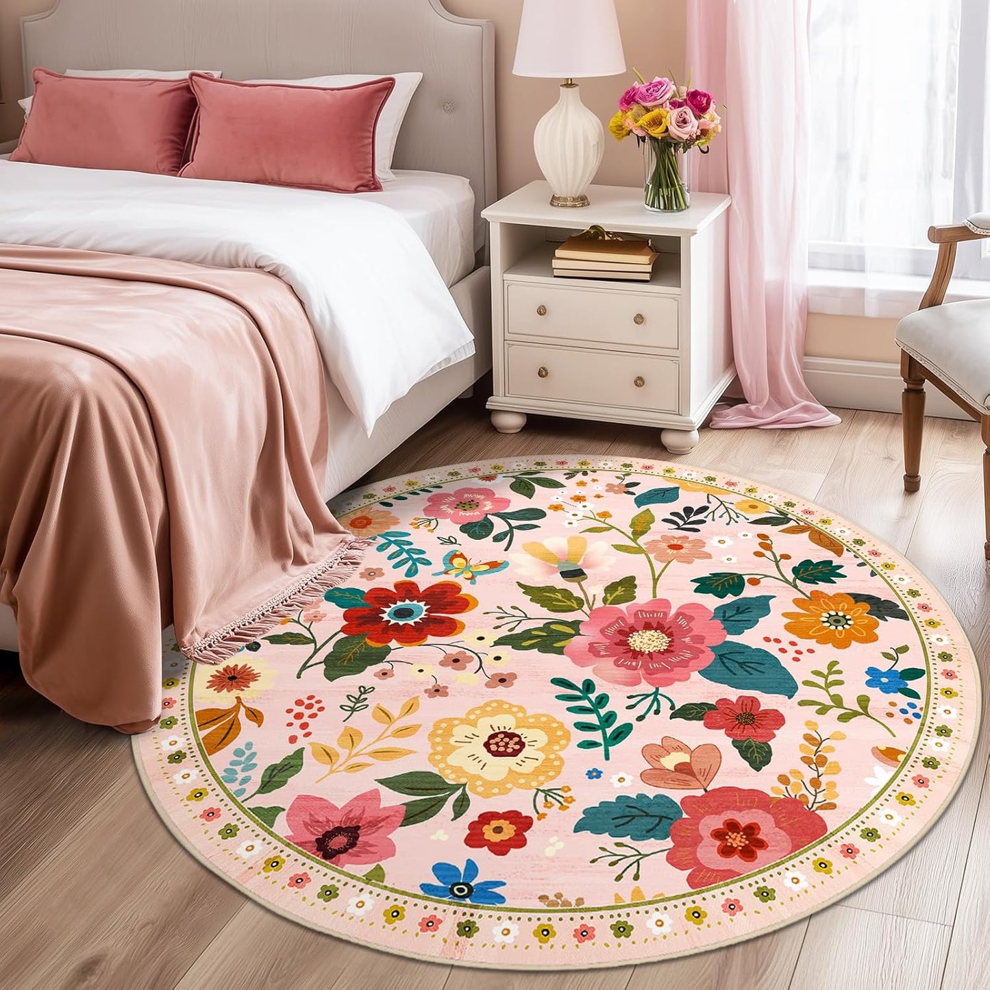 Floral 6ft Area Rug Machine Washable Soft Print Boho Carpet Non Slip Doormat Low Pile Flower Area Rugs for Living Room Bedroom Nursery Kitchen Dining Room Indoor-Pink