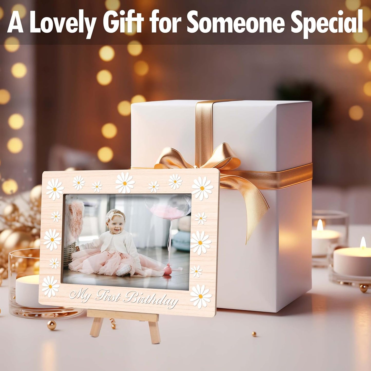 My 1st Birthday Picture Frames, Daisy Wooden 4x6 Photo Frame with Easel, Baby First Year Birthday Gifts for Home Office Tabletop Display Decorations - G02