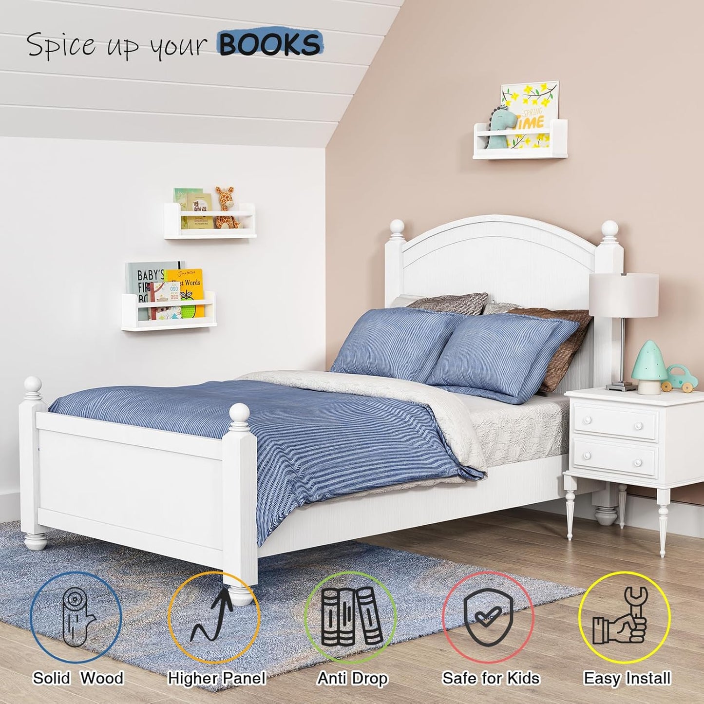 Upgraded White Nursery Book Shelves for Wall, Floating Kids Bookshelf Wall Mounted, Wood Baby Girls Boys Toddler Children Hanging Bookshelves for Kids Room Bedroom Playroom- Set of 3