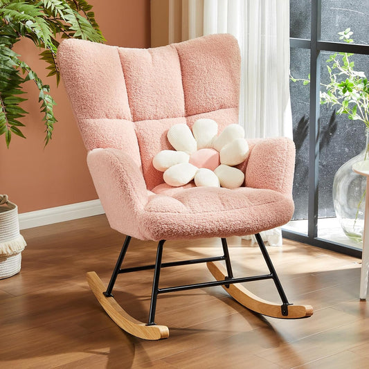 Sweetcrispy Rocking Chair Nursery, Teddy Upholstered Glider Rocker with High Backrest, Reading Chair Modern Rocking Accent Chairs Glider Chair for Nursery, Living Room, Bedroom, Baby Pink