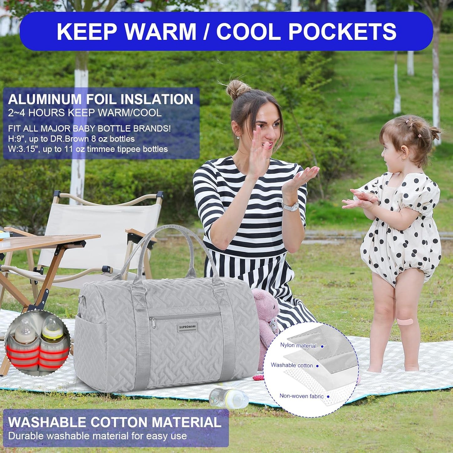 Diaper Bag Tote: Mommy Bag, Baby Bag for Boy and Girl, Mom Hospital Bag, Twins or 2 Kids Diapers Bag