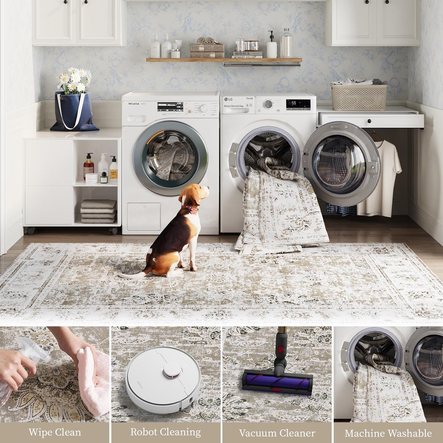 jinchan Hallway Runner Rug 3x10 Machine Washable Runner Rug Taupe Vintage Floral Design Non-Slip Low Pile Ultra-Thin for Kitchen Laundry Room Bedroom Farmhouse (3‘x10',Taupe)