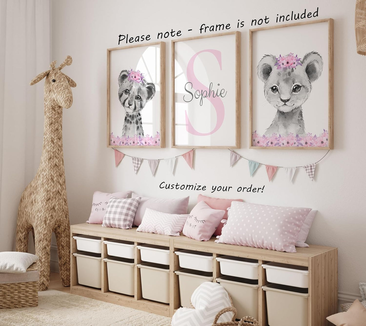 Safari Animals Girls Nursery Bedroom Unframed Set of 3 Poster Prints, Personalized Name Pink or Purple Flowers Wall Art Decor New Baby Gift Present, Elephant Giraffe Panda Zebra Lion (9x12)