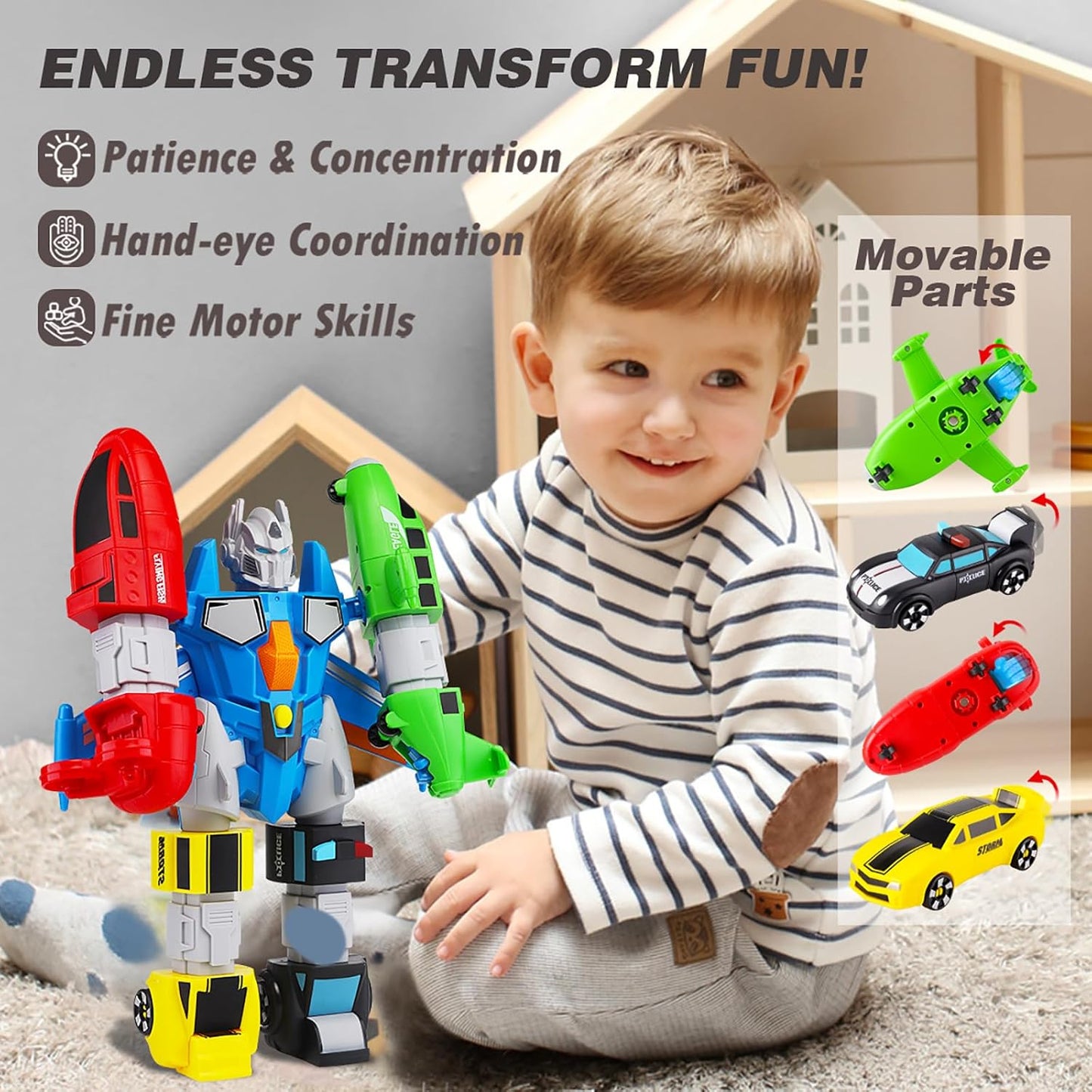 5-in-1 Magnetic Vehicles Playset Toy, Transform to Robot, Mix & Match Assembling Building Action Figures Kit with Storage Box, Holiday Birthday Present for Kids, Boys & Girls 3 4 5 6 7 Year