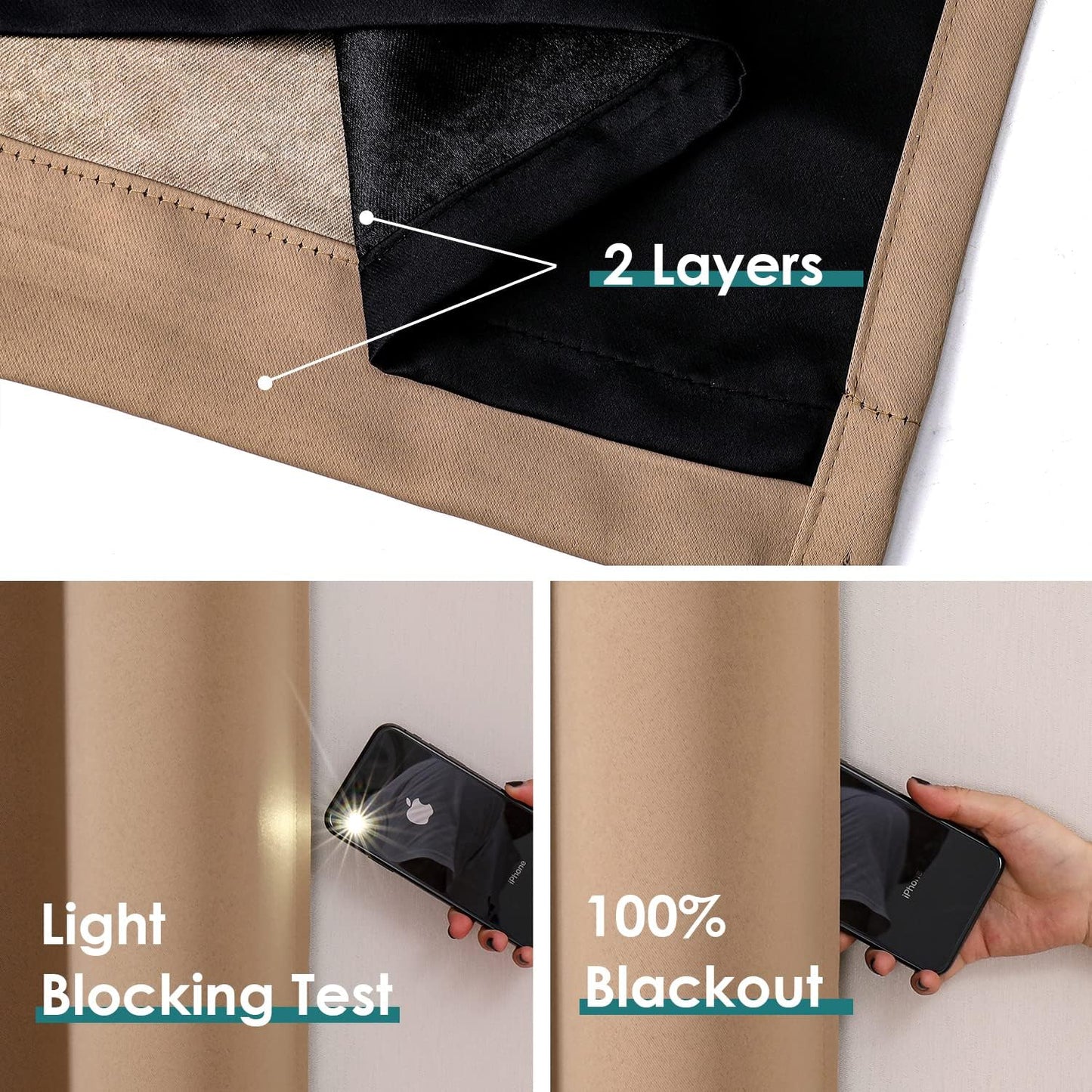 ChrisDowa 100% Blackout Curtains 90 inch Long for Bedroom with Black Liner, 2 Thick Layers Total Blackout Thermal Insulated Grommet Long Window Curtains 2 Panels Set (Cappuccino, 52 x 90 Inch)