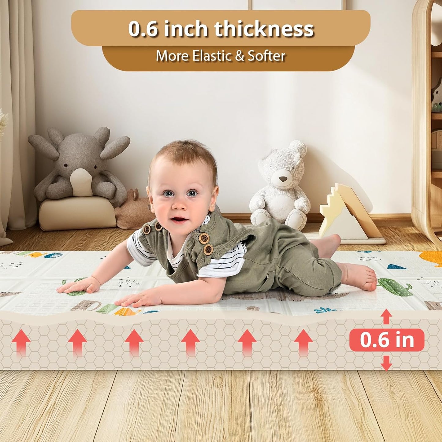 Foldable Baby Play Mat, PIGLOG 0.6in Thick Waterproof Playmats for Babies and Toddlers Kids, Safe Foam Playmat for Tummy Time, 50x50 Playpen Mat, Reversible Portable Floor Mat for Infant, Dinosaur