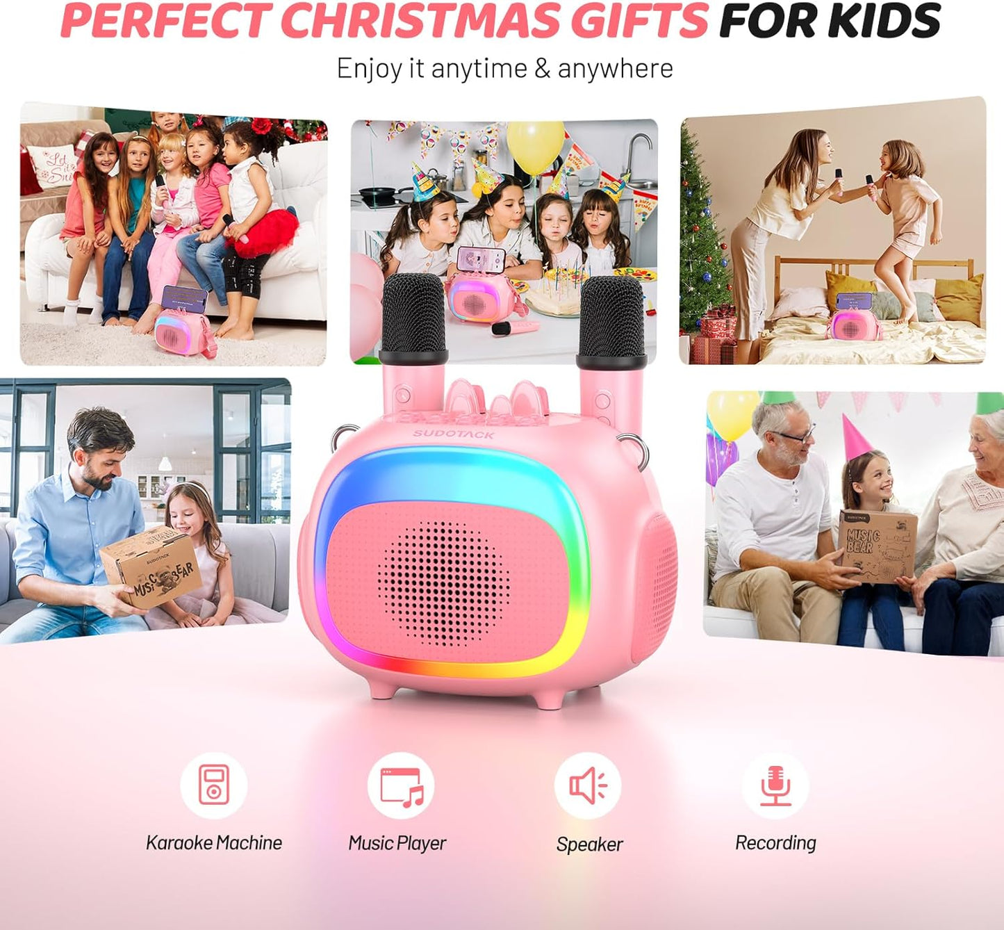SUDOTACK Mini Karaoke Machine for Kids, Portable Bluetooth Karaoke Speaker with 2 Wilreless Microphones with LED Lights, Christmas Kids Toys Gifts for Girls 4, 5, 6, 7, 8, 9, 10 +Year Old-Pink(KM100)