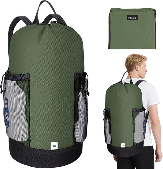 BALEINE 120L Laundry Bag Backpack, 900D Oxford Fabric Large Travel Laundry Bags with Shoulder Straps and 2 Mesh Pockets for College Dorm, Apartment, Laundromat (Green, 120L)