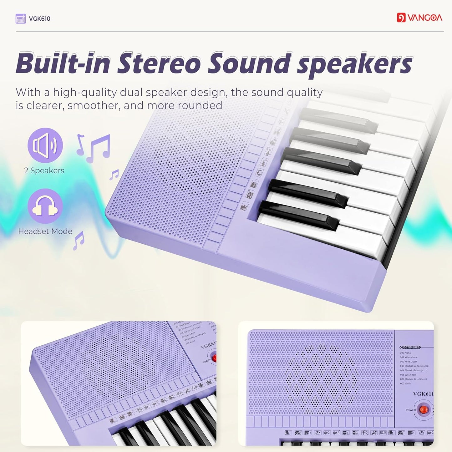 Vangoa VGK611 Piano Keyboard for Beginner, 61 Keys Electric Keyboard Piano Portable Music Keyboard with Mini Lighted Keys, Electronic Piano for Kids Boy Girl, Purple