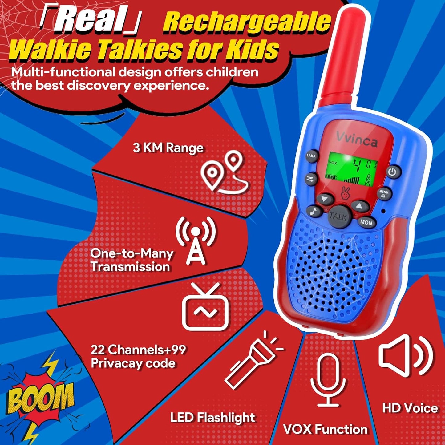 Vvinca Walkie Talkies for Kids Rechargeable, Spider Toys for Ages 3 4 5 6 7 8 9 10 Boys Girls Christmas Birthday Gifts for 3-12 Year Old, 2 Way Radio 22 CH VOX Long Range Walkie Talkie with Flashlight