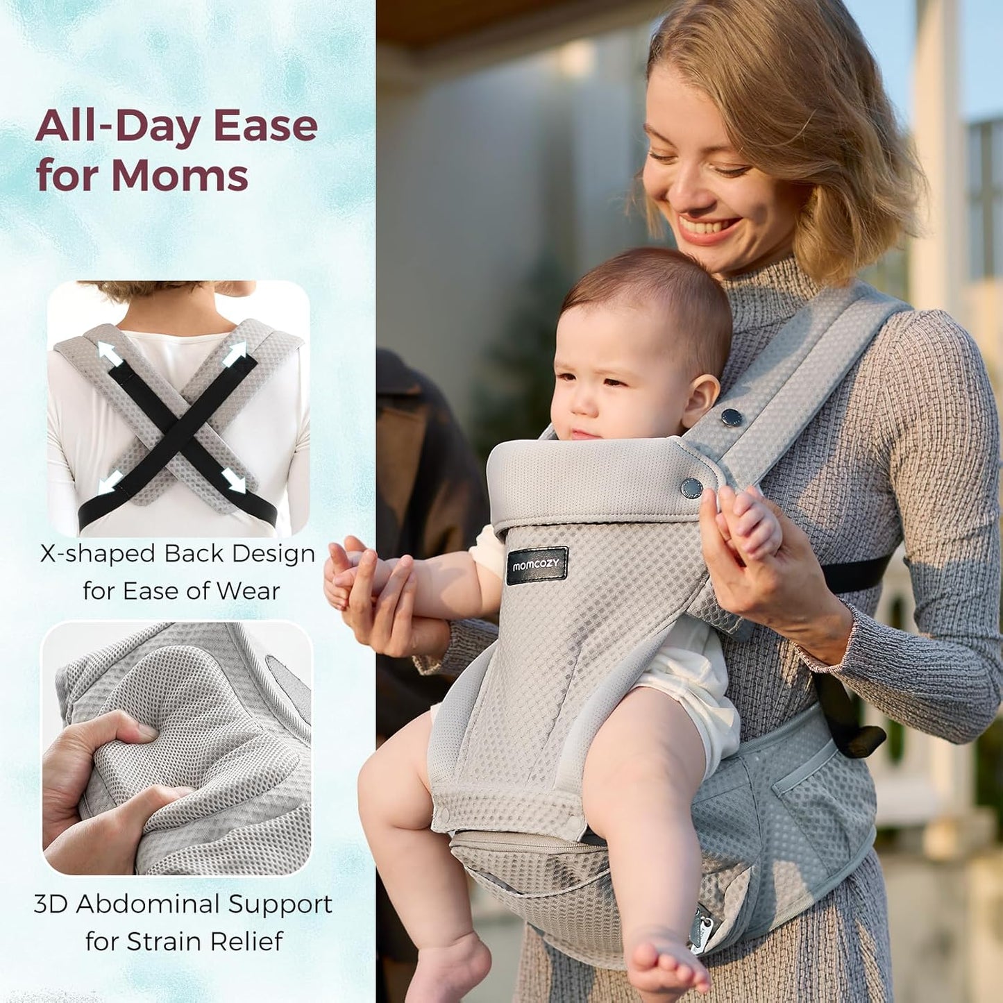 Momcozy Baby Carrier with Hip Seat, 2-in-1 Forward-Facing Carry for Active Babies, Detachable Hands-Free Carrier up to 44lbs, Breathable Infant Carrier Fits Waist Sizes up to 45 Inches, AirMesh Grey