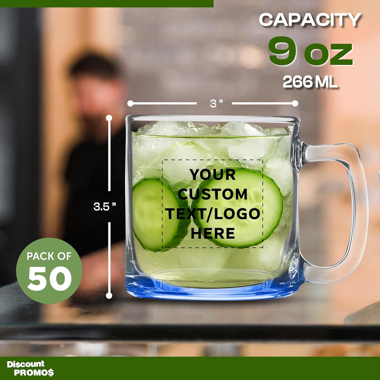 DISCOUNT PTOMOS Custom Small Glass Coffee Mugs 9 oz. Set of 50, Personalized Bulk Pack - Perfect for Coffee, Tea, Espresso, Hot Cocoa, Other Beverages - Blue