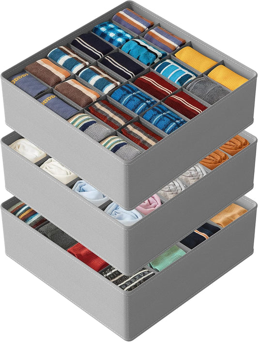 SpaceAid Sock Drawer Organizer Divider 3 Pack, 64 Cell Dresser Closet Nursery Underwear Organizers Storage Bins for Organizing Socks Underwear Ties Belts (Grey)