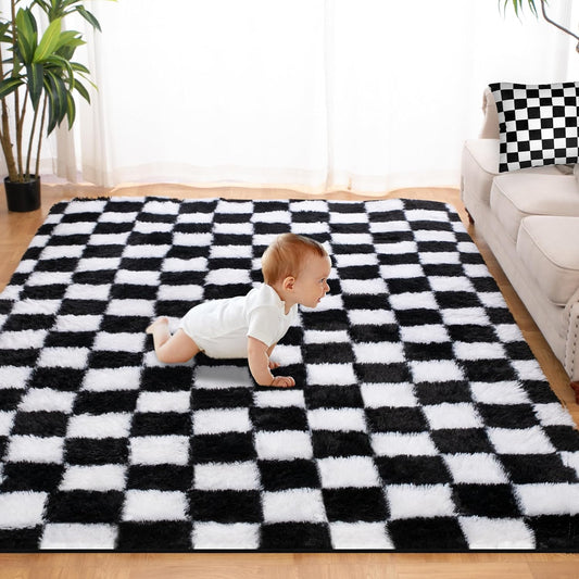 Super Soft Rug for Bedroom, 6x9 Ft Black and White Area Rug Classic Checkered Shaggy Anti-Skid High Pile Soft Fluffy Rug Fuzzy Carpet for Living Room Bedroom Kids Room Nursery, Dorm Home Decor