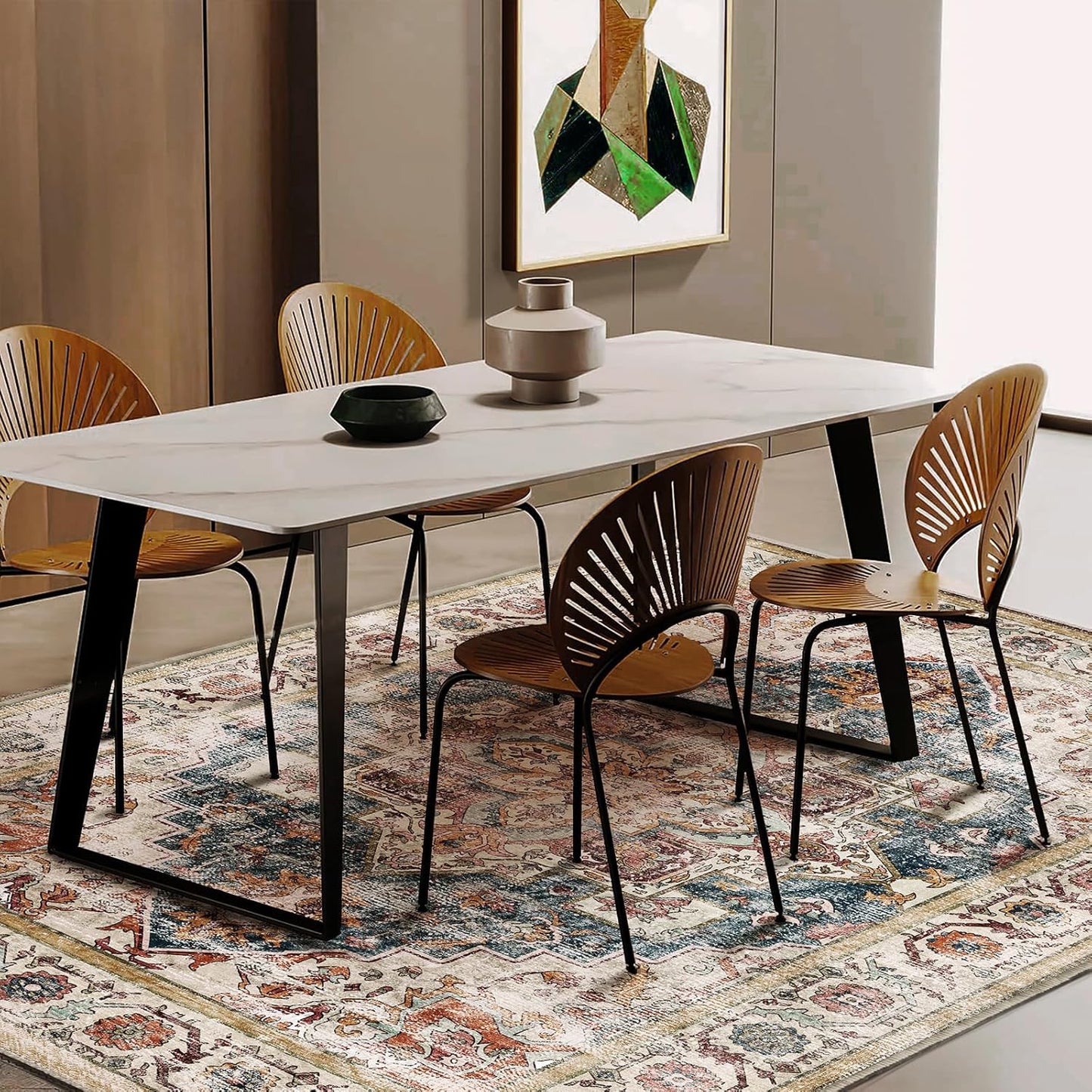 Washable Vintage Area Rug 6'x9' Boho Beige Blue Chic Medallion Distressed Design Non-Shedding Easy Care Ideal for High Traffic Areas in Living Room Bedroom Kitchen Office Large Carpet