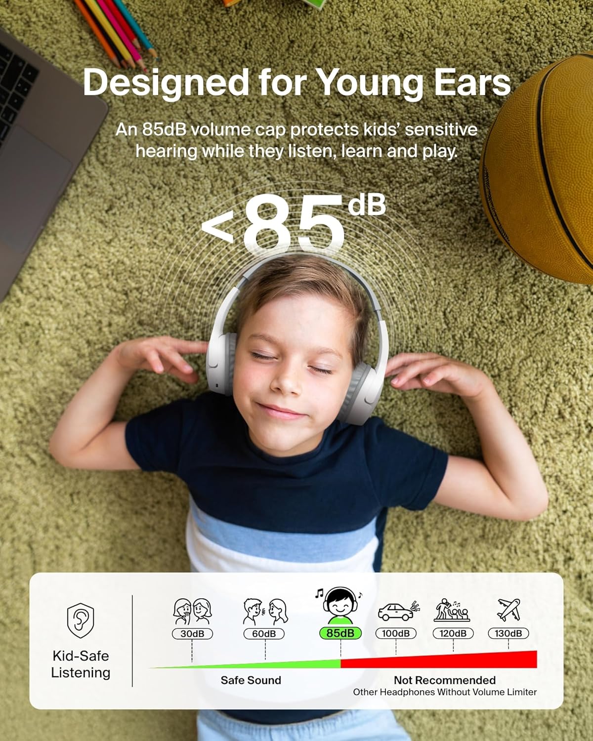 Belkin SoundForm Mini - Wireless Bluetooth Kids Headphones, 30H Battery, 85dB Safe Volume Limit, Built-in Microphone - Toddler On-Ear Earphones for iPhone, iPad, Fire Tablet, Ideal for School - White