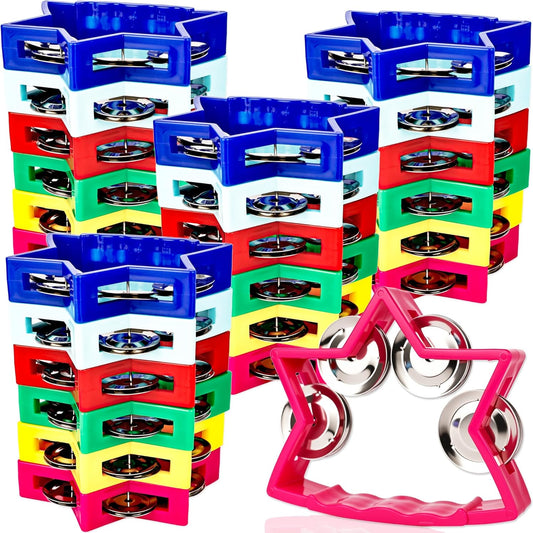 24 Pack Plastic Percussion Tambourine Colorful Star Shape Hand Tambourine Bells Noise Makers Tambourine for Musical Instruments School Concert