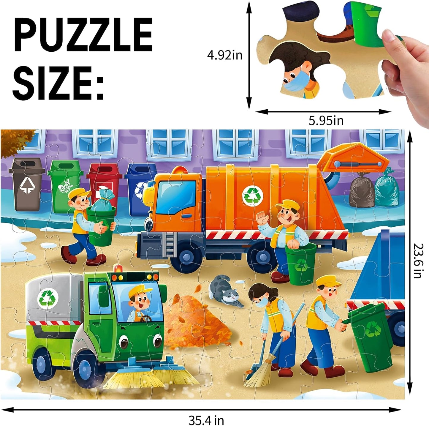 Jumbo Floor Puzzle for Kids,Recycling Garbage Truck Jigsaw Large Puzzles,48 Piece Trash Truck Vehicle Puzzle for Toddler Ages 3-5,Children Learning Preschool Educational Toys,Gift for 4-8 Years Old