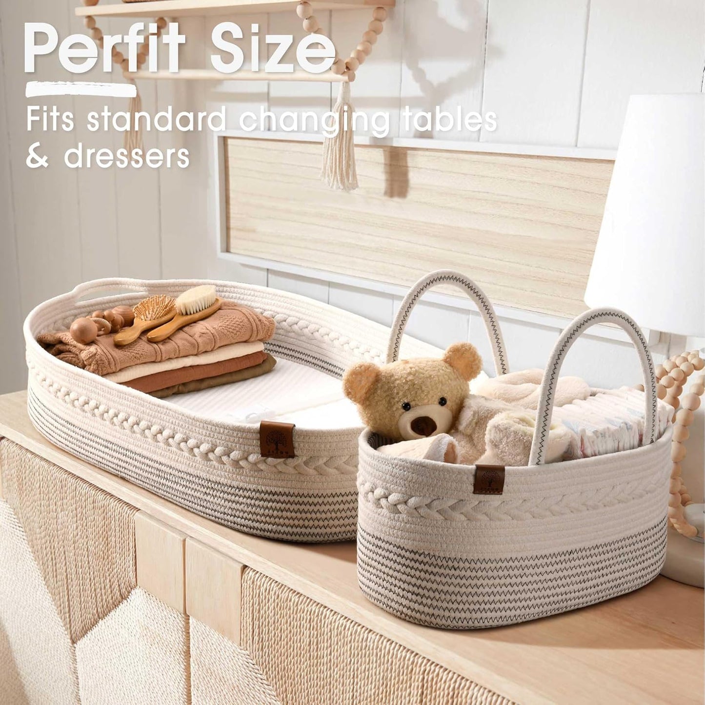 Baby Changing Basket Includes Diaper Caddy - Breathable & Waterproof Dual-Cover, Portable, Changing Pad for Dresser & Changing Table, Gift for Baby Shower, Cotton Rope Basket for Baby