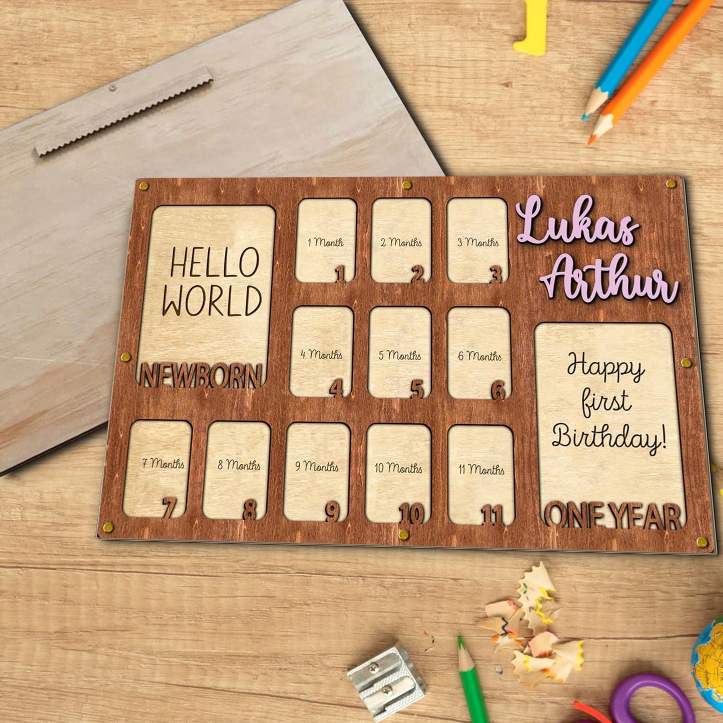 Personalized My First Year Photo Frame | 12 Months Picture Frame For Baby First Year | Displays Two 4x6 Photo and Eleven 2x3 Pictures | Birthday Party Decor Newborn Memory Keepsake, Style MP1