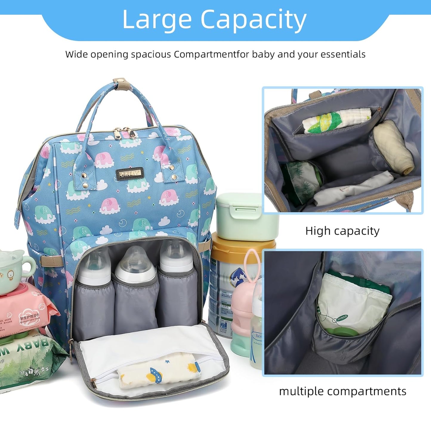 Diaper Bag Backpack, Diaper Bags for Baby Girls Boys, Baby Bags for Moms Dads, Nappy Changing Bag with Insulated Pockets,Multi-functional Waterproof Backpack with Stroller straps-Deep blue elephant