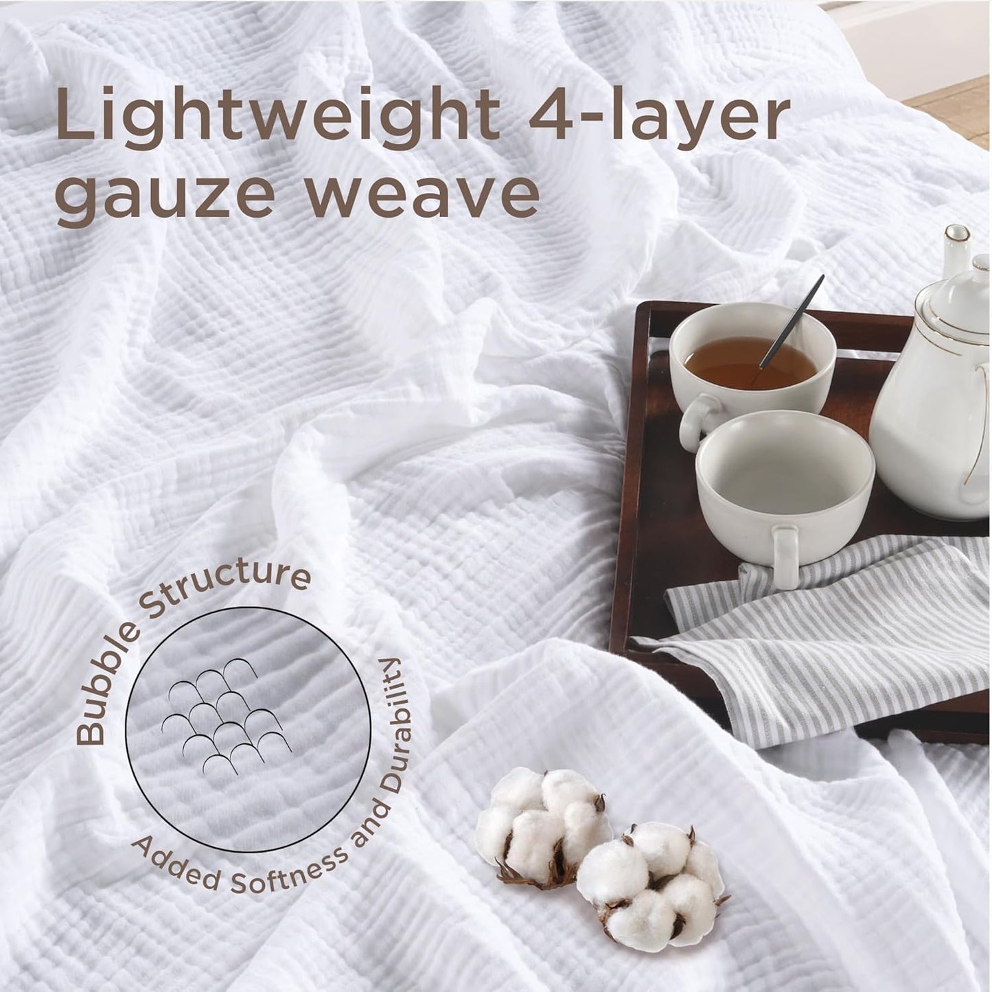 Threadmill Summer Queen Size Blanket| 4 Layer Cotton Gauze | Lightweight, Breathable, and Cozy for All Seasons | Versatile Muslin Blanket for Couch, Bed | White