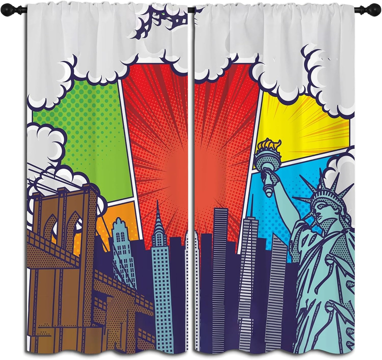 City Rod Pocket Blackout Curtains for Boy Girl Bedroom, Pop Art Style New York Cityscape Thermal Insulated Home Window Drapes for Living Room Darkening, 55x63 inch