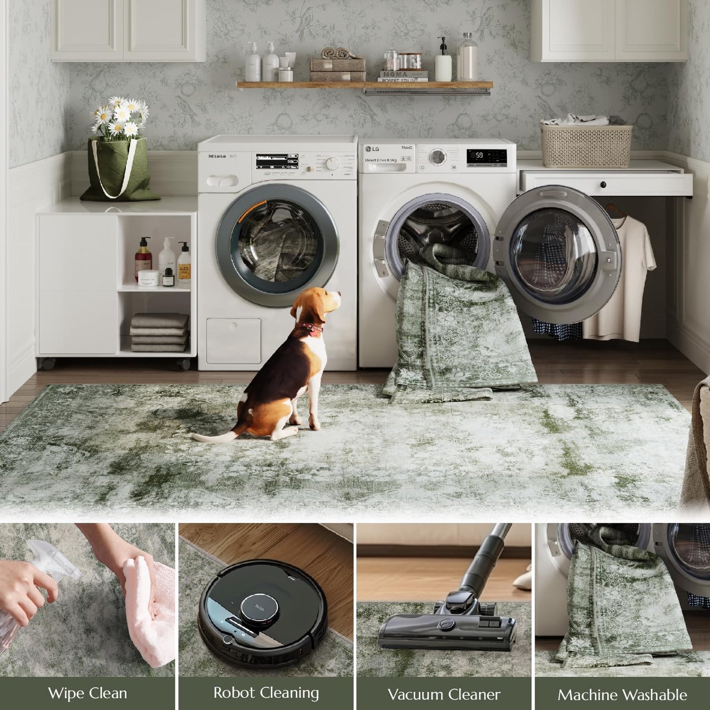 jinchan Green Runner Rug 2x5 - Machine Washable Vintage Floral Distressed Design Non-Slip Low-Pile Soft Thin Carpet for Hallway Kitchen Farmhouse Bedroom Entryway Laundry (2x5ft,Forest Green)