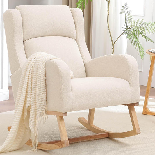 Rocking Chair Nursery, Nursing Rocking Chairs for Mom Nursery, Comfy Wingback Glider Rocking Armchair with Side Pocket for Nursery Living Room, Beige
