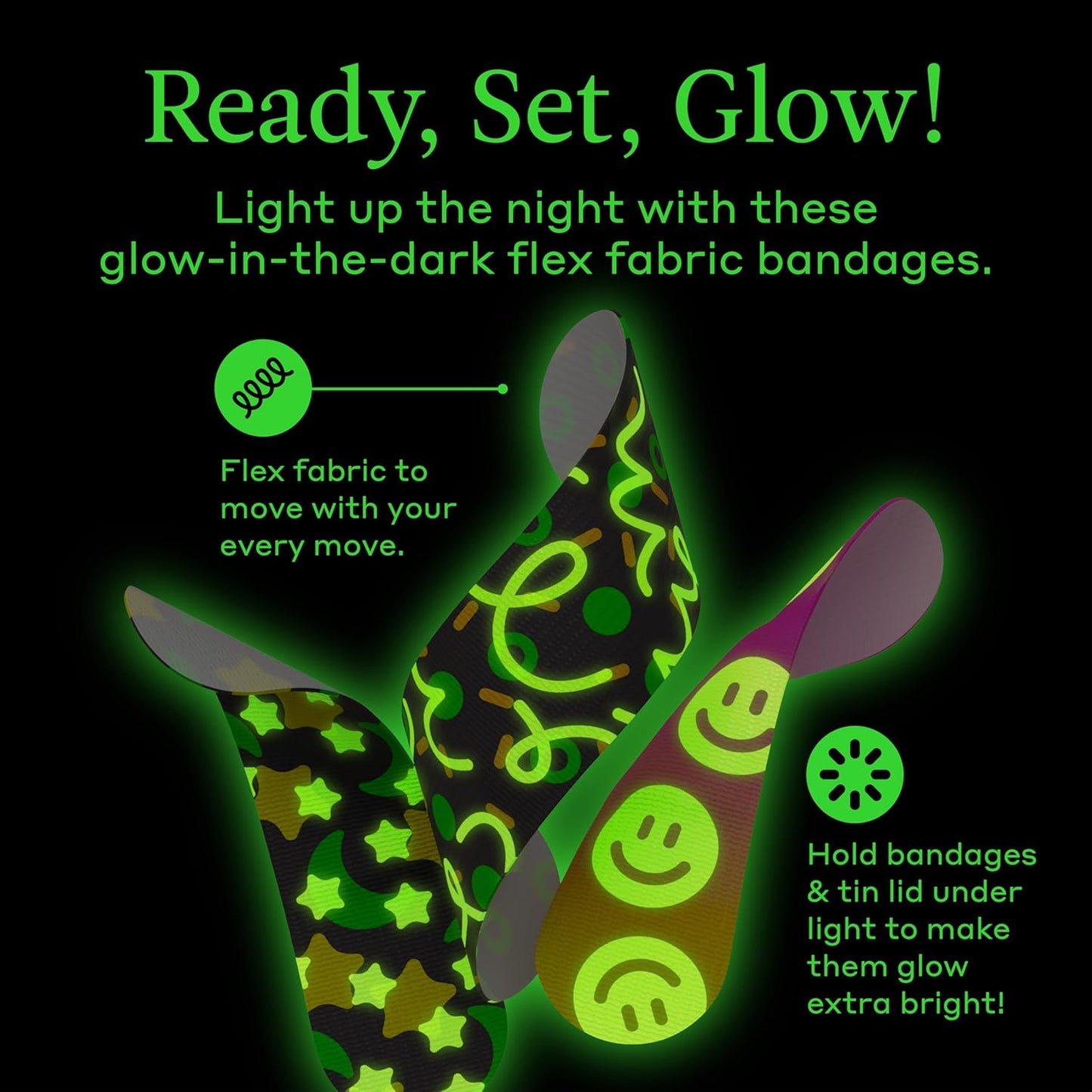 Welly Bandage Glow-in-The-Dark Refill Pack | Adhesive Flexible Fabric Bandages | Assorted Shapes and Patterns for Minor Cuts, Scrapes, and Wounds - 120 Count