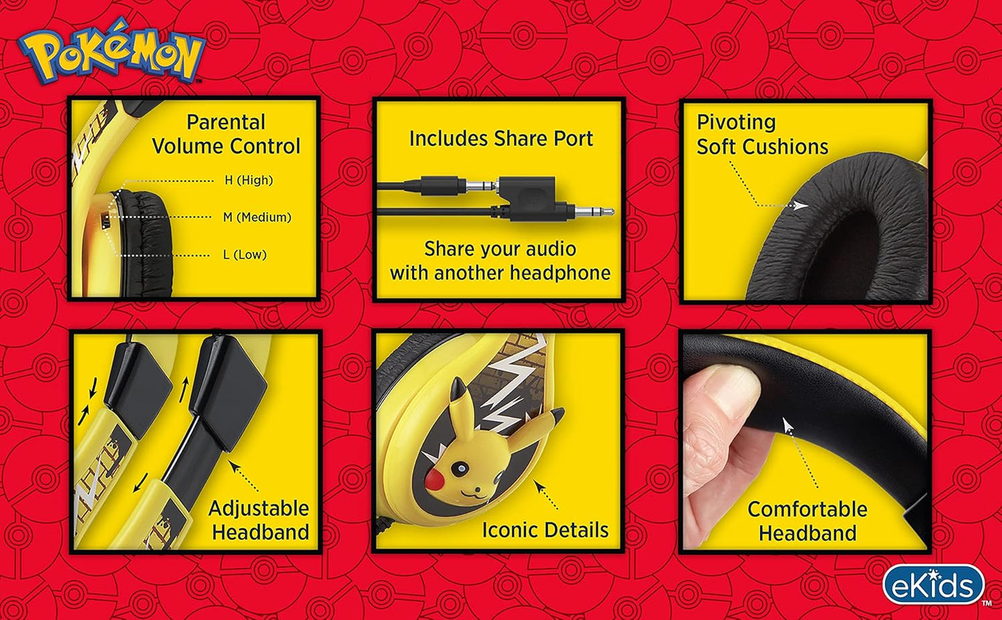 Pokemon Pikachu Wired Kids Headphones, Adjustable, Stereo Sound, 3.5Mm Jack, Tangle-Free, Volume Control, Children's Headband On Ear for School Home, Travel