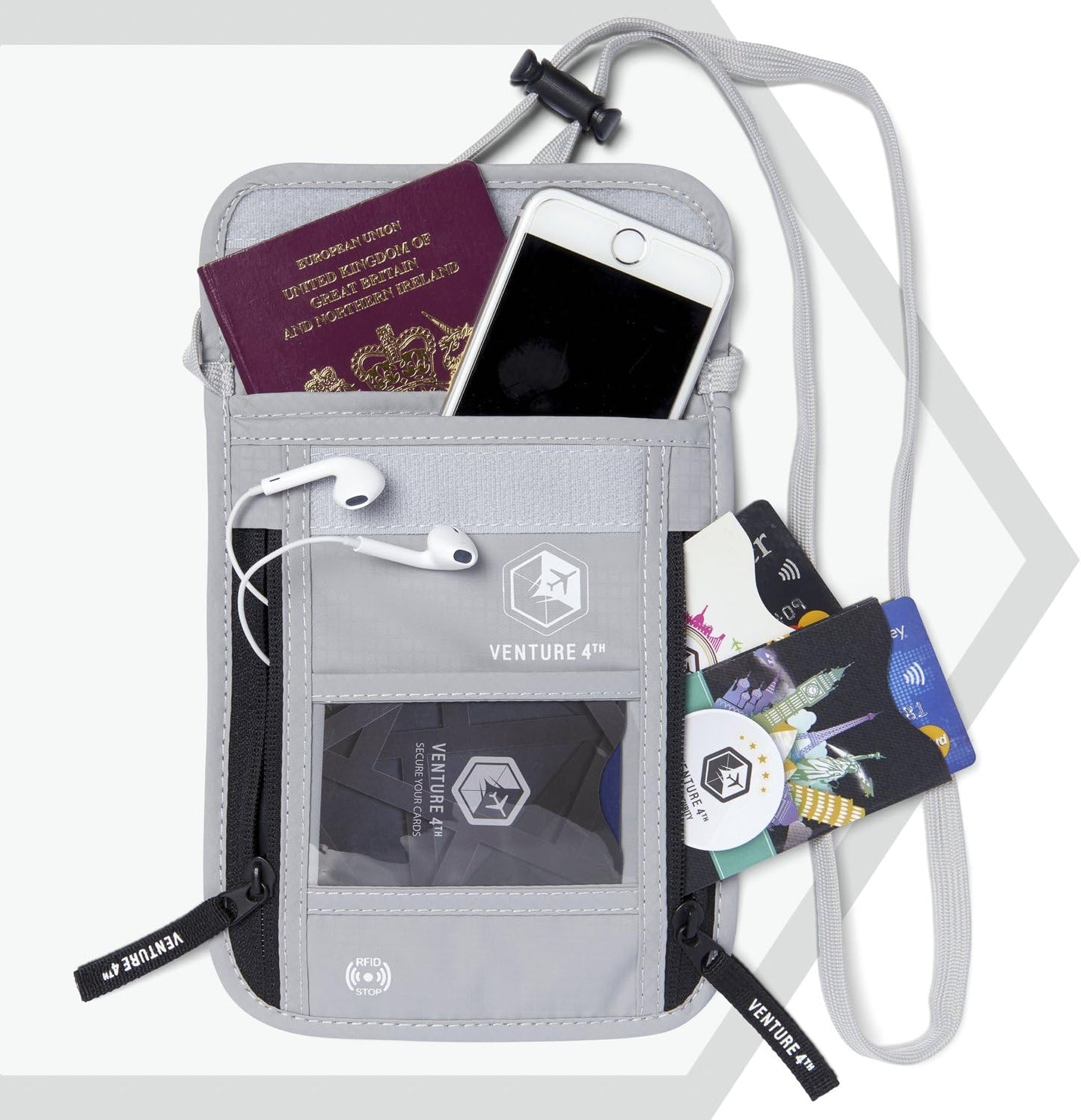 VENTURE 4TH Passport Holder Neck Wallet with RFID Blocking Nylon Lining - Hidden Neck Pouch for Travel (Silver)