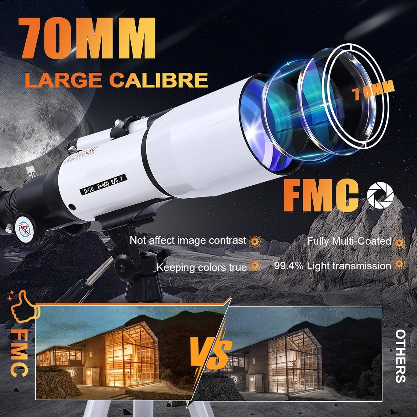 PISEZ Telescope for Adults & Beginner,70mm Aperture 400mm AZ Mount Astronomical Refracting Travel Telescope for Kids Beginners with Carry Bag, Phone Adapter